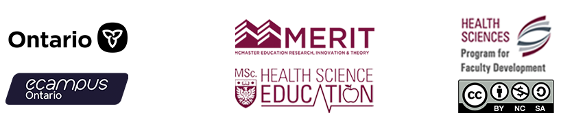 Logos of MERIT, McMaster Health Sciences Education Program Masters Program, McMaster Program for Faculty Development, eCampus Ontario, Government of Ontario, and the Creative Commons CC-BY-ND logo