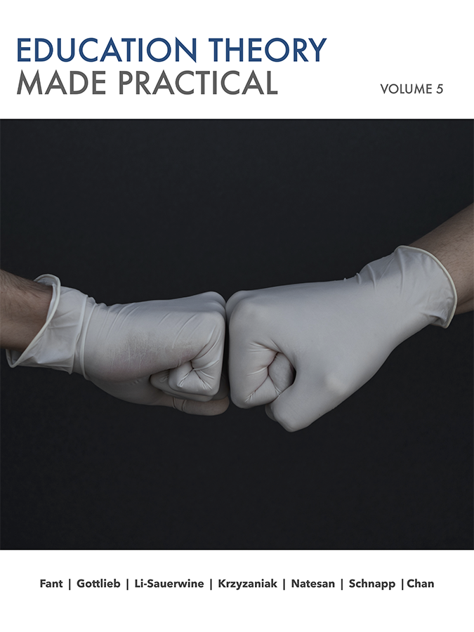 Education Theory Made Practical Volume 5. Decorative Picture of two people fist-bumping with medical gloves on. Fant, Gottlieb, Li-Sauerwine, Krzyzaniak, Natesan, Schnapp, Chan